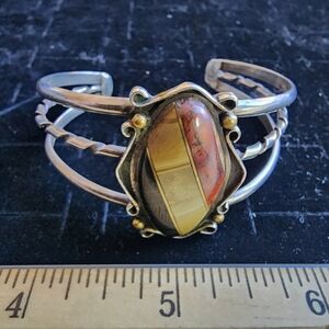 Native American Old Pawn Cuff Bracelet Sterling/Onyx/Mother Of Pearl/Red Jasper